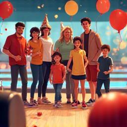 Group of people celebrating a birthday at a bowling alley