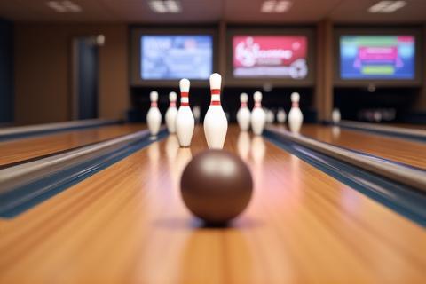 Close up view of bowling lanes with pins