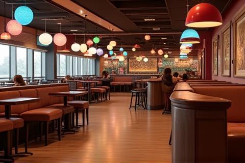Comfortable seating area in the cafe with tables