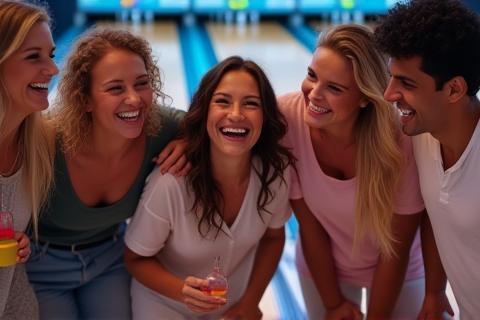 Group of friends bowling and laughing together