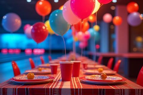 Table setting for a birthday party with balloons