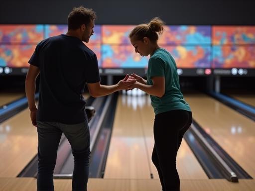 Bowling coach assisting a student